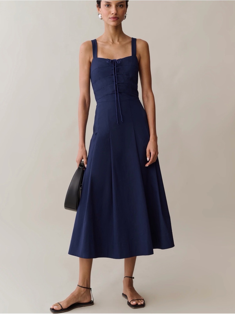 Sleeveless Navy Midi Dress with Lace-Up Bodice